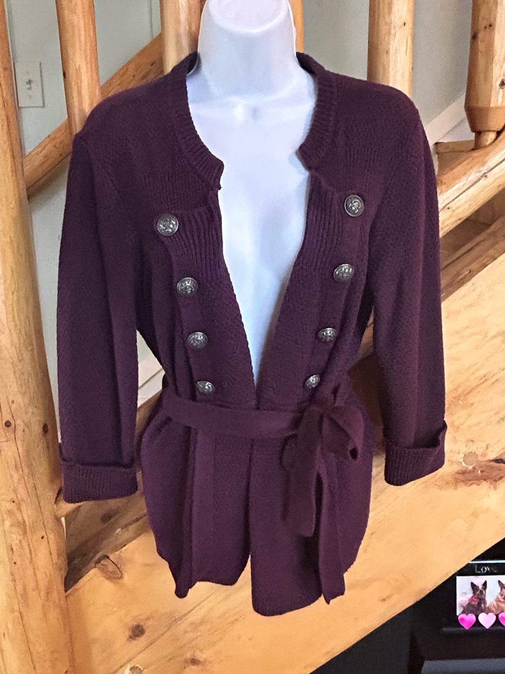 Apt. 9 Plum / Maroon Double-Breasted Belted Cardigan Sweater